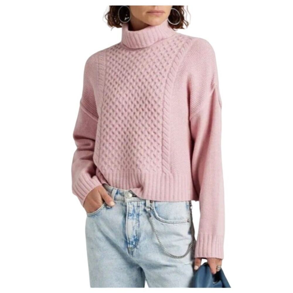 ATM Anthony Thomas Melilla Women's Pink Cable Knit Wool Turtleneck Sweater Large